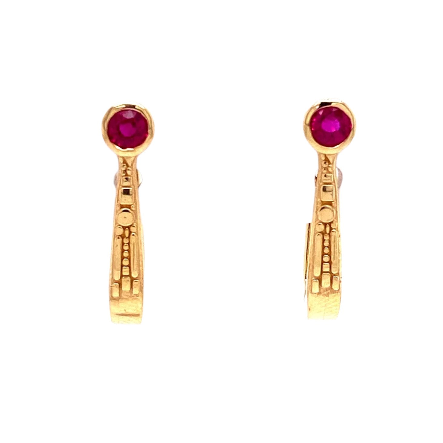 Custom Jewelry, 18k yellow gold ruby swoop hoops, llyn strong, Greenville, South Carolina
