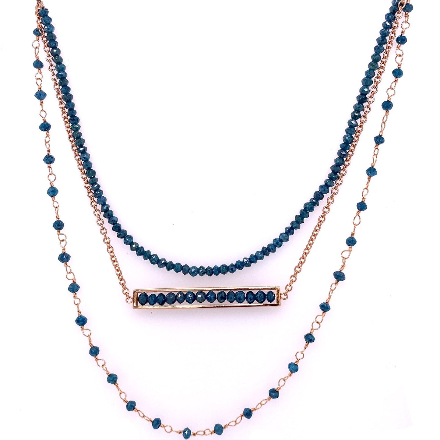 Custom jewelry, 18k rose gold blue diamond triple necklace, Sydney Strong, Greenville, South Carolina