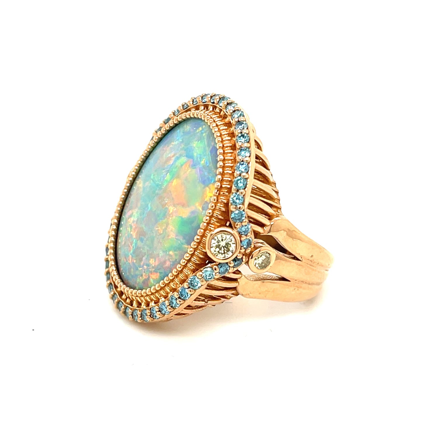 An 18K Rose Gold Australian Opal Ring with Blue and Yellow Diamonds