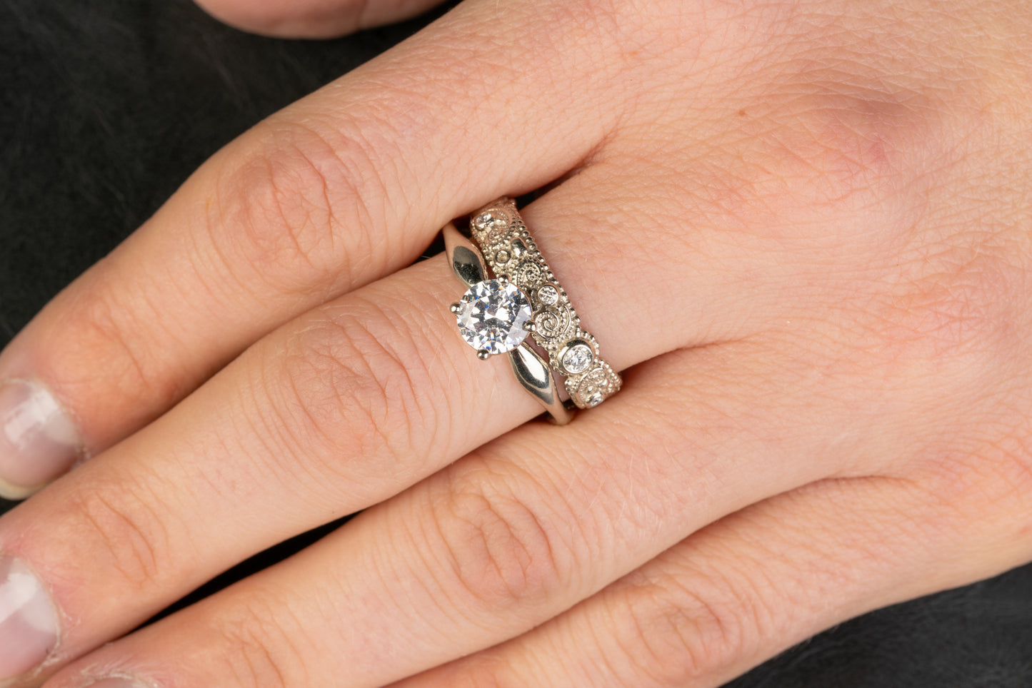 Custom jewelry, 18k white gold wavy solitaire ring, 18k white gold llyn band, llyn strong, Greenville, South Carolina