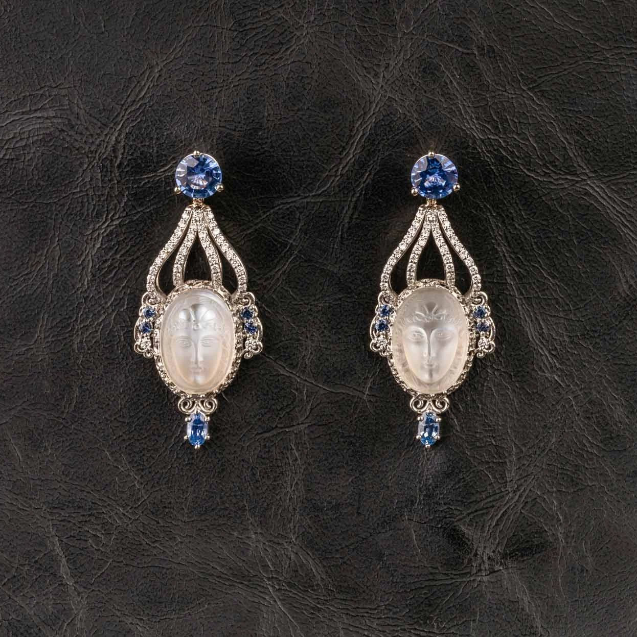 Custom Jewelry, Lady in the moonstone jackets, blue sapphire studs, llyn strong, Greenville, South Carolina