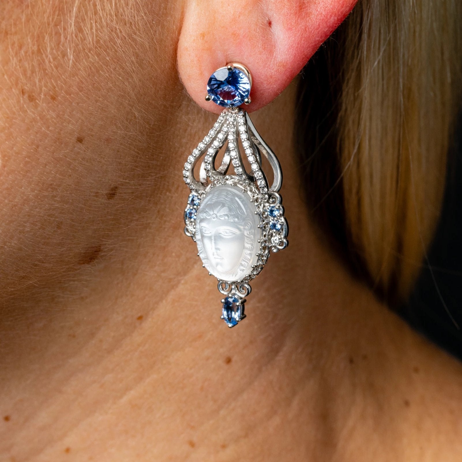 Custom Jewelry, Lady in the moonstone jackets, blue sapphire studs, llyn strong, Greenville, South Carolina