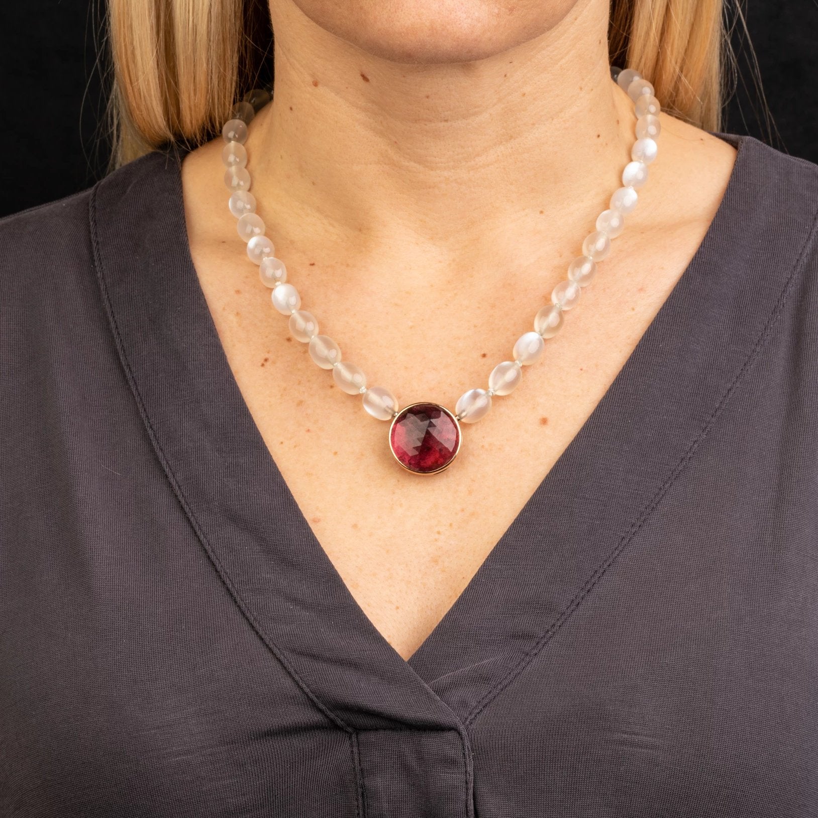 Custom Jewelry, lentil moonstone strand, rose cut pink tourmaline clasp, llyn strong, Greenville, South Carolina