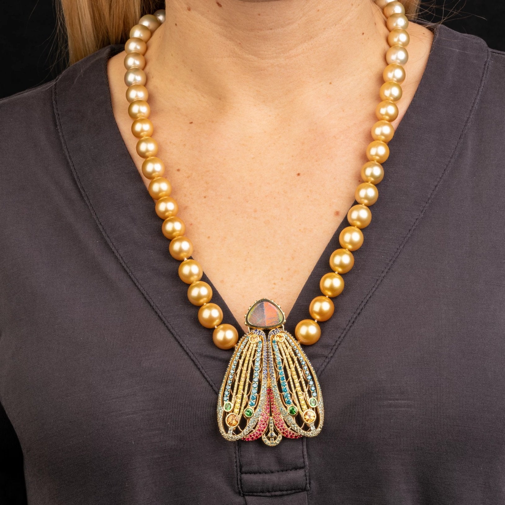 Custom jewelry, Moth Brooch Clasp, Golden Pearl Strand, llyn strong, Greenville, South Carolina