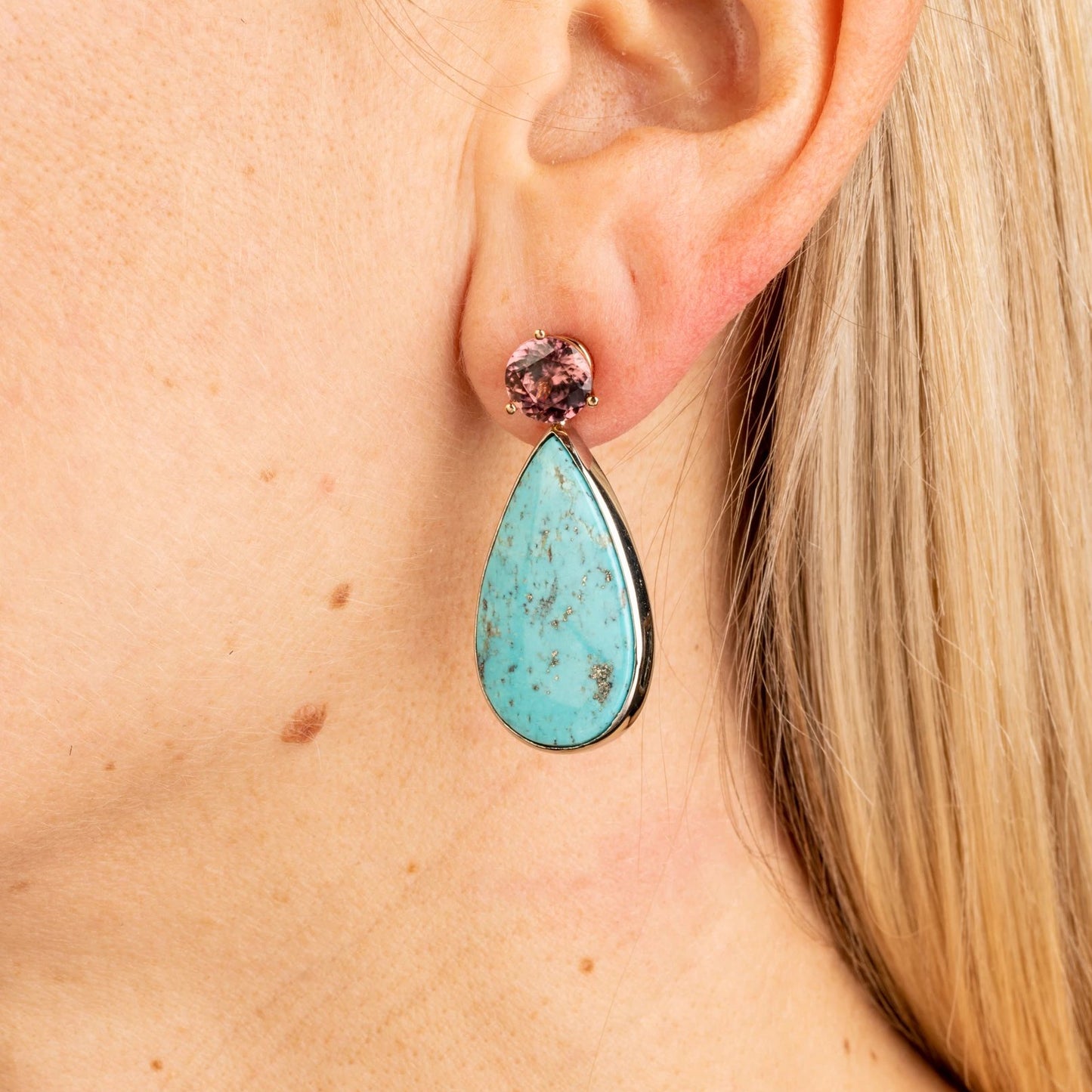 custom jewelry, rose zircon, gold, studs, earrings, llyn strong, greenville, south carolina