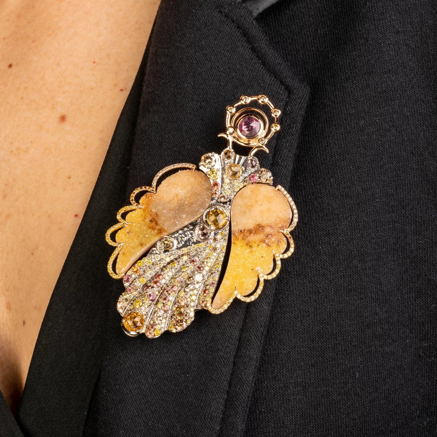 custom jewelry, sapphire, diamonds, druzy, angel, brooch, pendant, llyn strong, greenville, south carolina