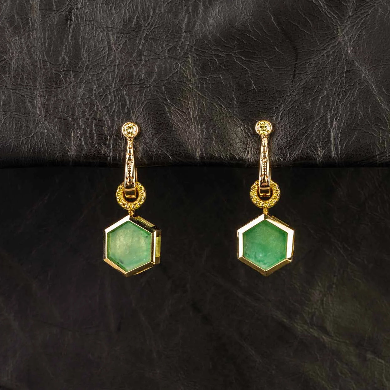 custom jewelry, diamonds, yellow gold, earring, jacket, llyn strong