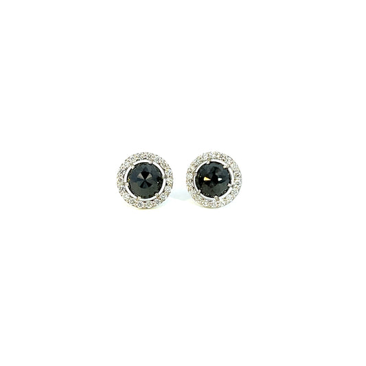 18k White Gold Rose Cut Black Diamond Studs with a White Diamond Halo