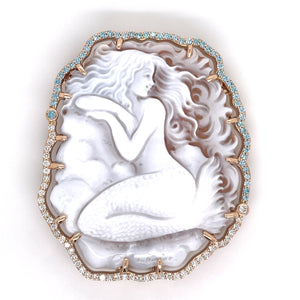 18k Rose Gold Mermaid Cameo Clasp with Blue and Champagne Diamonds