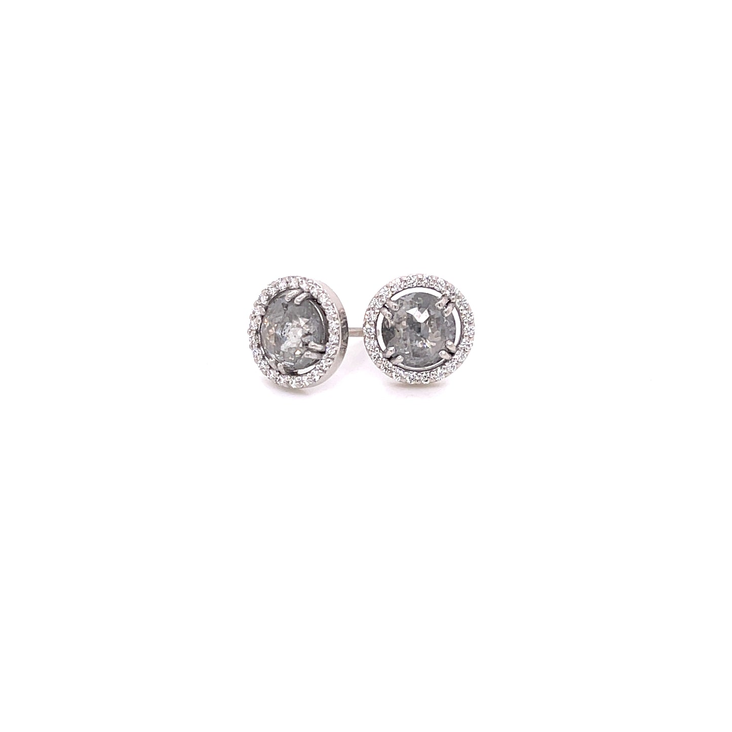 18k White Gold Salt and Pepper Rose Cut Diamond Studs with a White Diamond Halo
