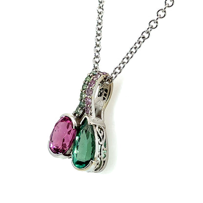 18k White Gold Green Tourmaline and Pink Sapphire Double Pendant