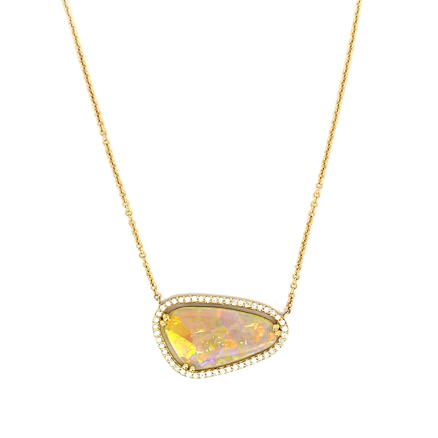 18k Yellow Gold Opal Necklace with a Diamond Halo