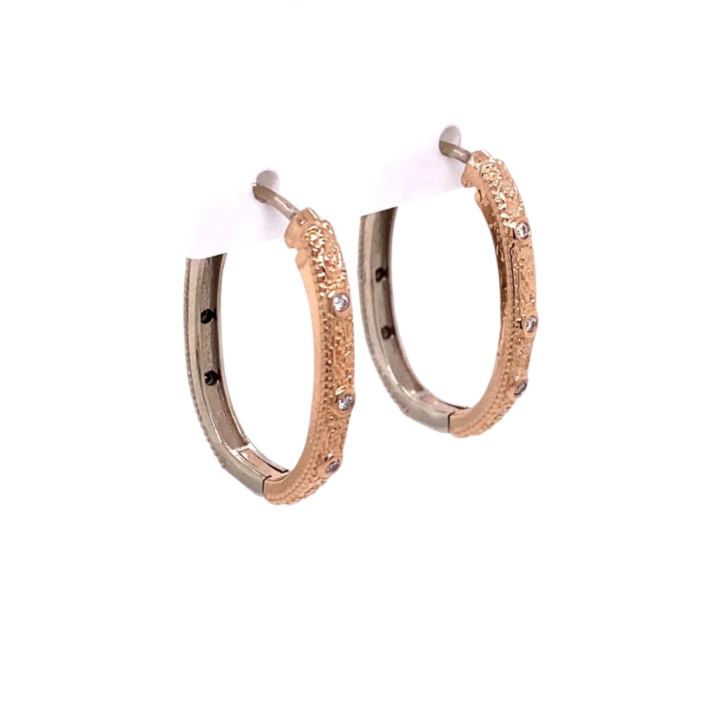 Reversible 18k Rose Gold and 18k White Gold Llyn Patterned Diamond Hoops