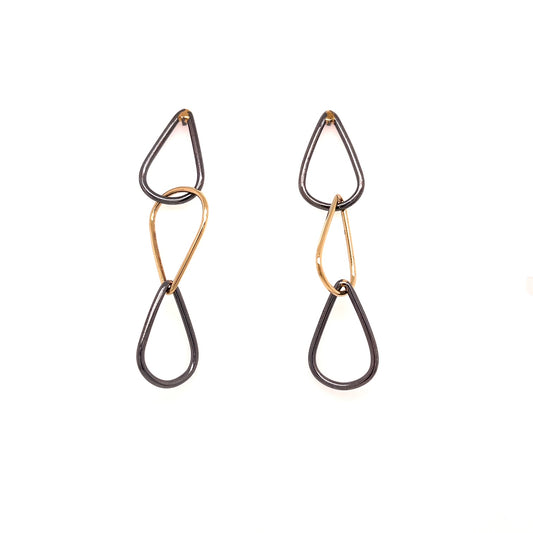 Oxidized Sterling Silver and 14k Yellow Gold Teardrop Link Earrings