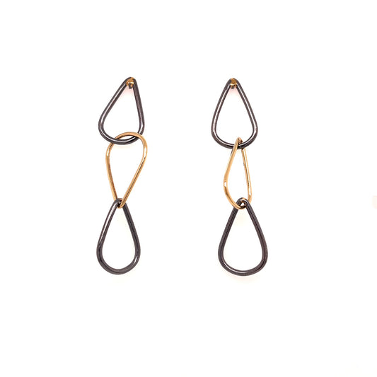 14k Yellow Gold and Oxidized Sterling Silver Teardrop Link Earrings