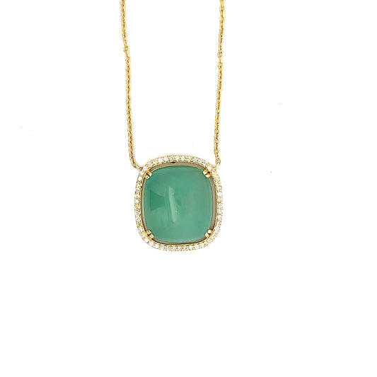 18k Yellow Gold Seafoam Chalcedony Necklace with a Diamond Halo