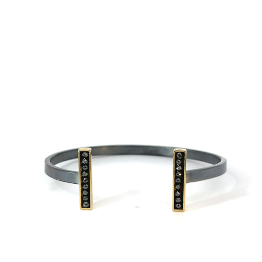 18k Yellow Gold and Oxidized Silver Cuff Bracelet with Black Diamond Beads