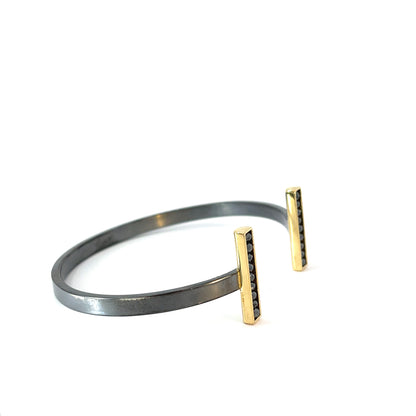 18k Yellow Gold and Oxidized Silver Cuff Bracelet with Black Diamond Beads