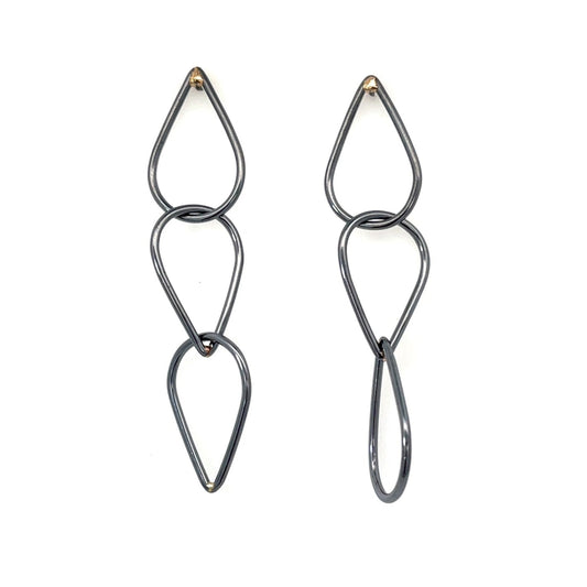 Oxidized Sterling Silver and 14k Yellow Gold Teardrop Link Studs