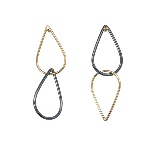 Short Oxidized Sterling Silver and 14k Yellow Gold Teardrop Link Studs