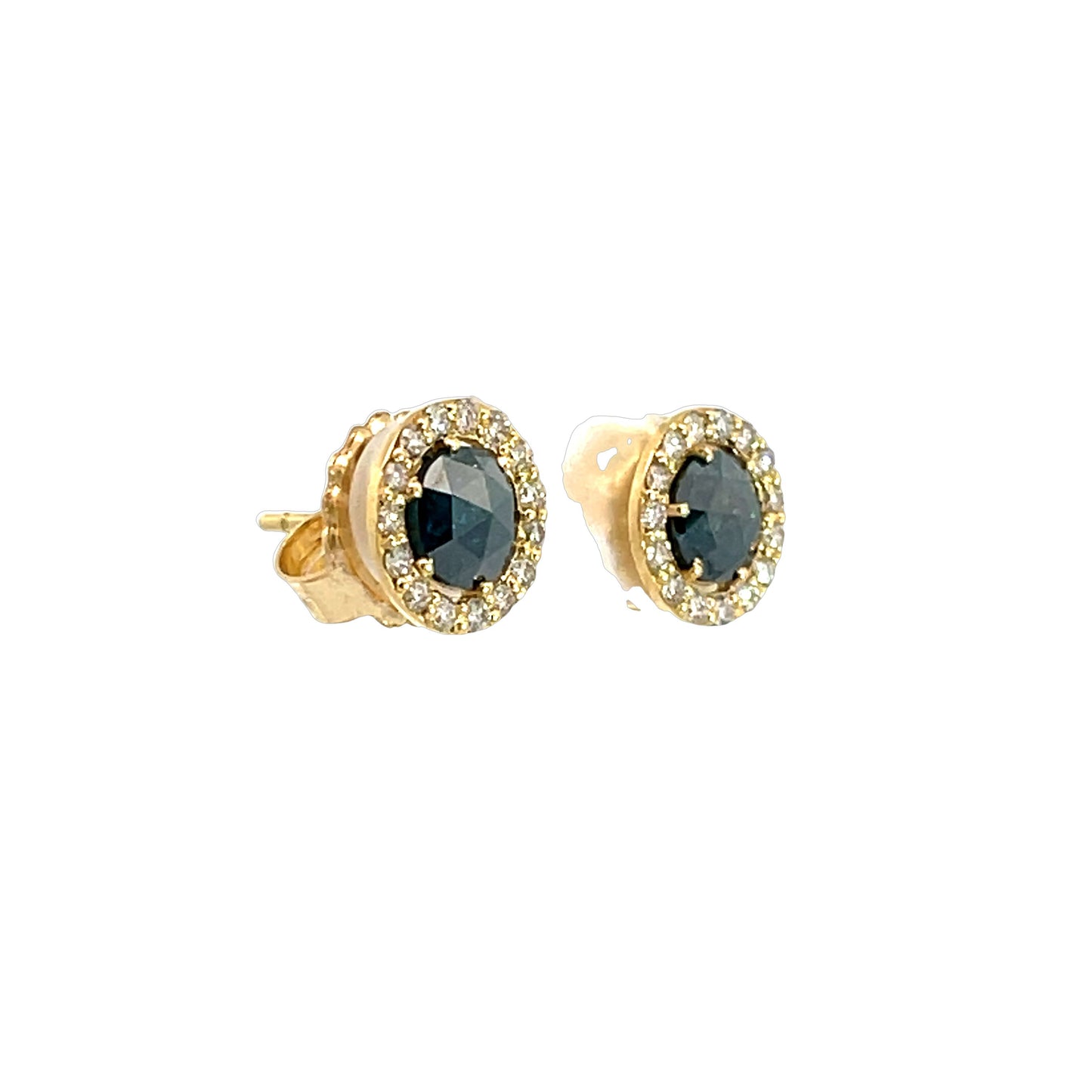 18k Yellow Gold Blue Diamond Halo Stud Earrings