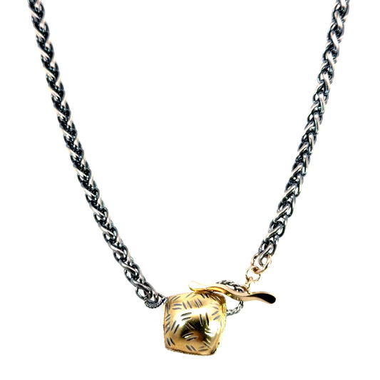 14k Pillow Pendant on an Oxidized Sterling Silver Wheat Chain
