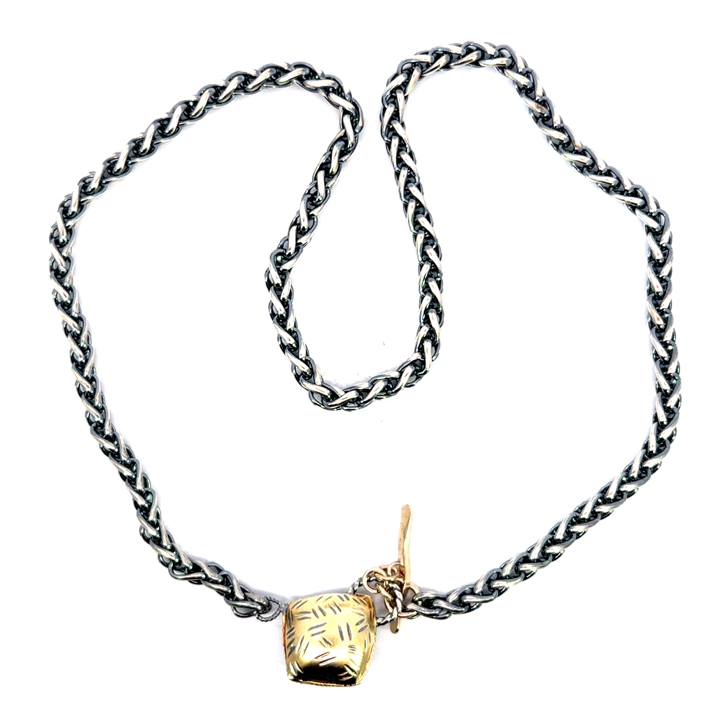 14k Pillow Pendant on an Oxidized Sterling Silver Wheat Chain