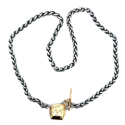 14k Pillow Pendant on an Oxidized Sterling Silver Wheat Chain