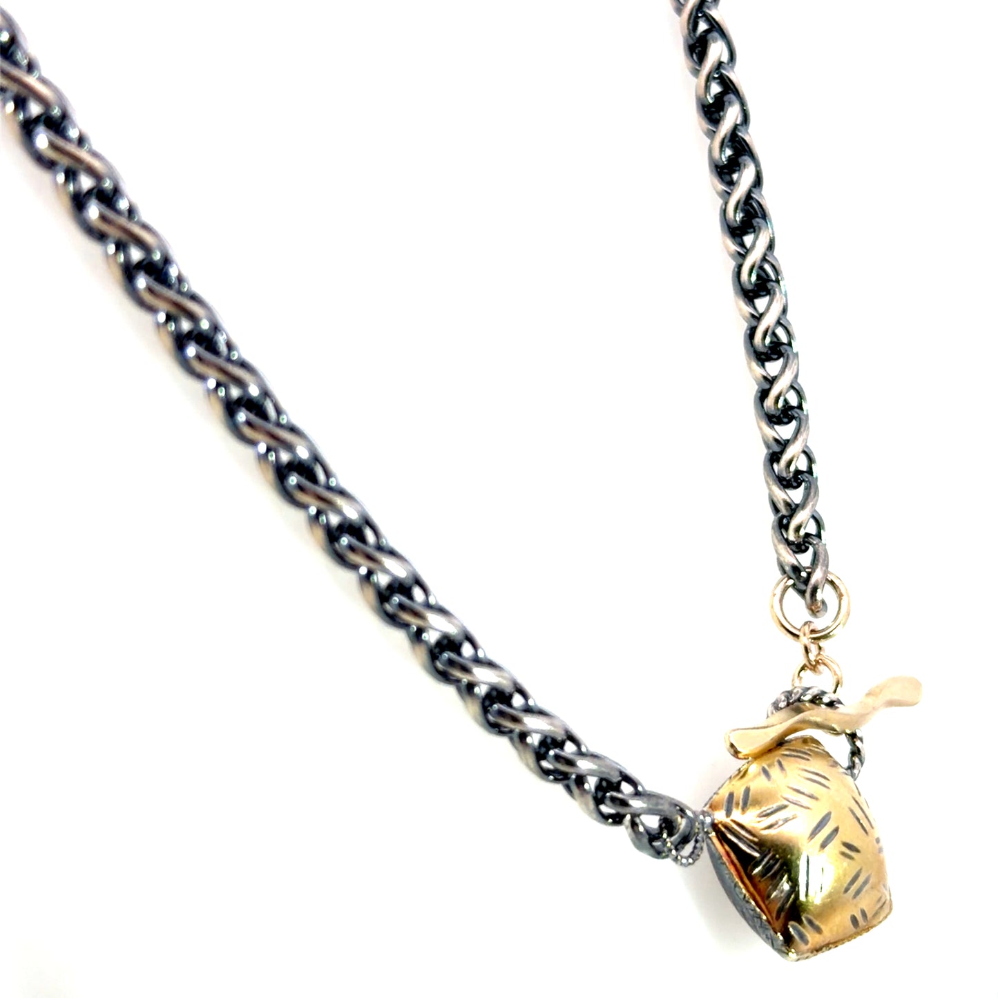 14k Pillow Pendant on an Oxidized Sterling Silver Wheat Chain