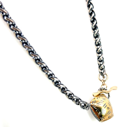 14k Pillow Pendant on an Oxidized Sterling Silver Wheat Chain
