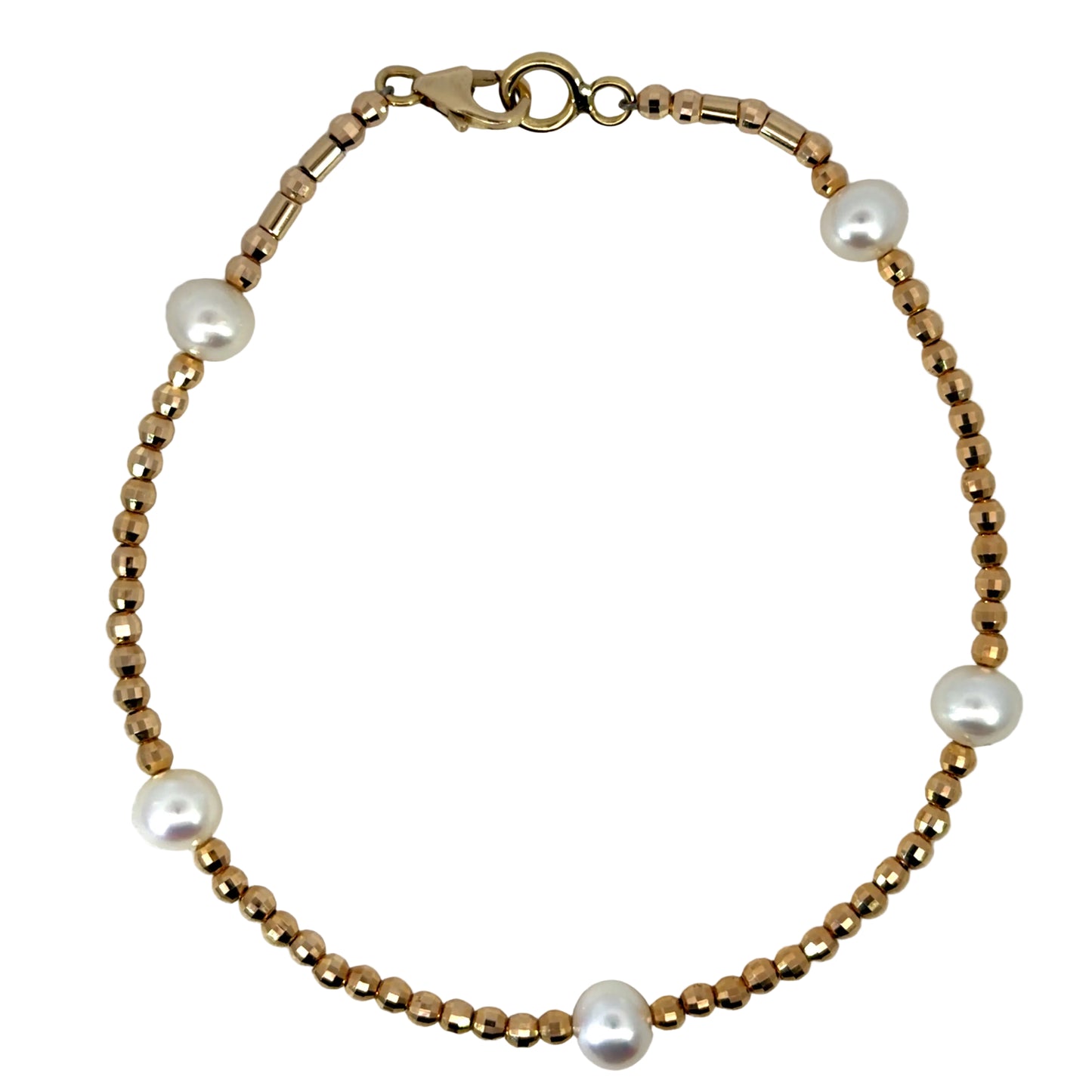 14k Yellow Gold Faceted Bead and White Pearl Bracelet