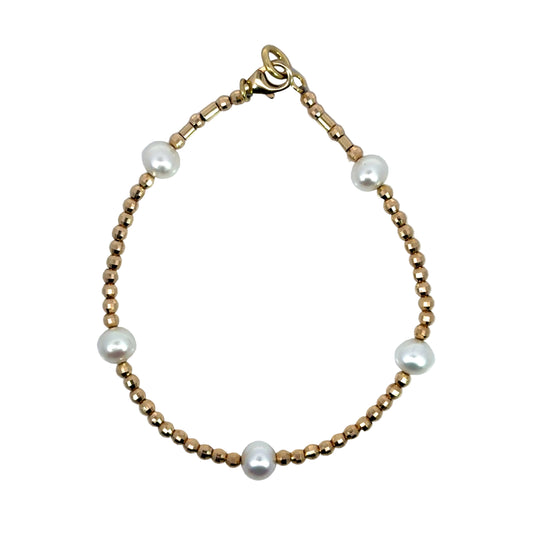 14k Yellow Gold Faceted Bead and White Pearl Bracelet