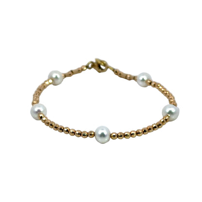 14k Yellow Gold Faceted Bead and White Pearl Bracelet