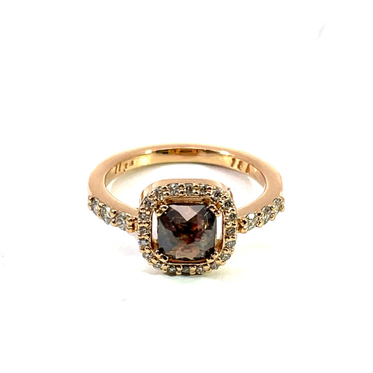 18k Rose Gold Halo Ring with a Cognac Diamond and Champagne Diamonds