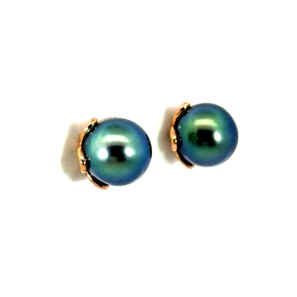 18k Rose Gold Blue-Green Tahitian Pearl Studs