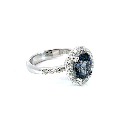 18k White Gold Gray Spinel Halo Ring with White Diamonds