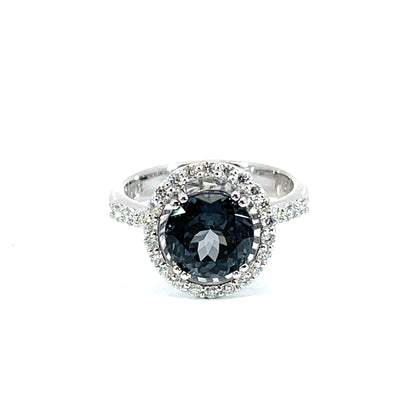 18k White Gold Gray Spinel Halo Ring with White Diamonds