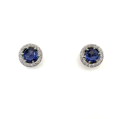 18k White Gold Sapphire Studs with a Diamond Halo