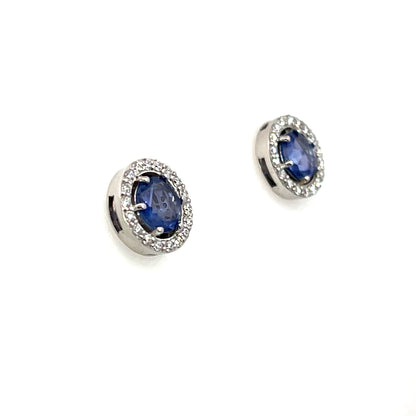 18k White Gold Sapphire Studs with a Diamond Halo