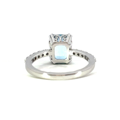 18k White Gold Scroll Ring with an Aquamarine and FS Diamonds