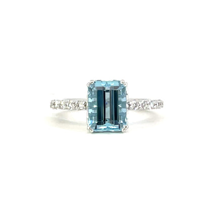 18k White Gold Scroll Ring with an Aquamarine and FS Diamonds