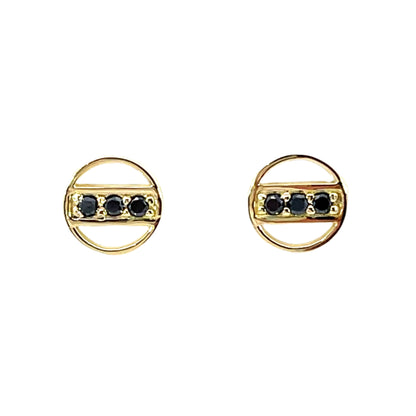 18k Yellow Gold Circle Studs with Bead Set Black Diamonds