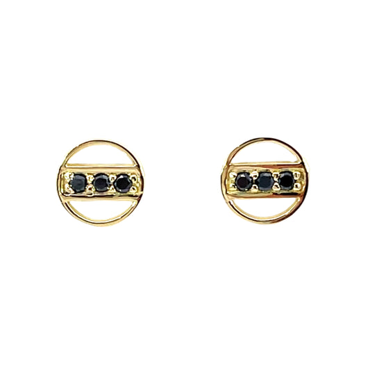 18k Yellow Gold Circle Studs with Bead Set Black Diamonds