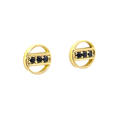 18k Yellow Gold Circle Studs with Bead Set Black Diamonds