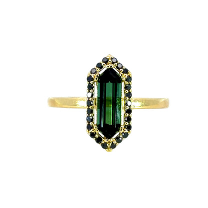 Geometric Green Tourmaline Ring With a Black Diamond Halo