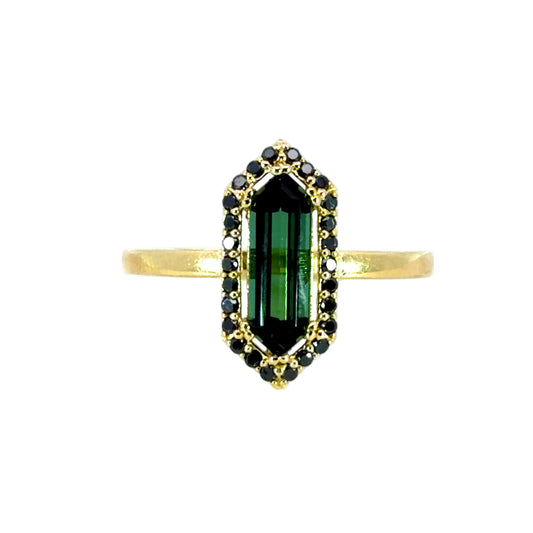 Geometric Green Tourmaline Ring With a Black Diamond Halo
