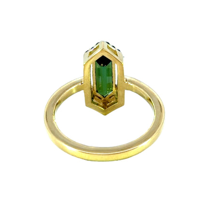 Geometric Green Tourmaline Ring With a Black Diamond Halo