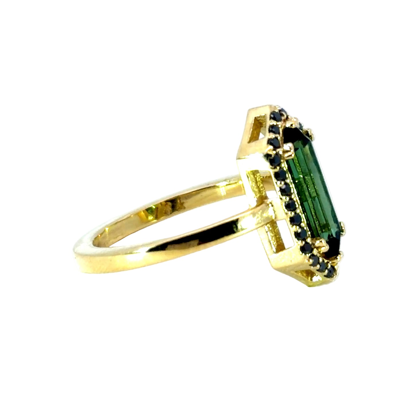 Geometric Green Tourmaline Ring With a Black Diamond Halo