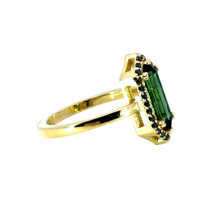 Geometric Green Tourmaline Ring With a Black Diamond Halo