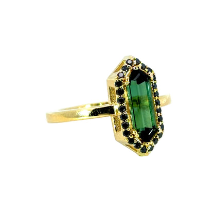 Geometric Green Tourmaline Ring With a Black Diamond Halo